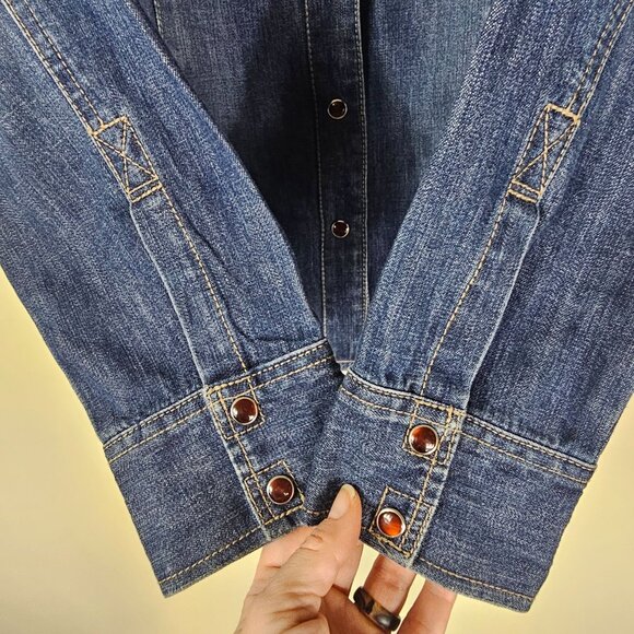 Vtg Lawman Western Pearl Snap Denim Shirt L Faux Suede Rodeo Retro Rockabilly - Picture 3 of 11